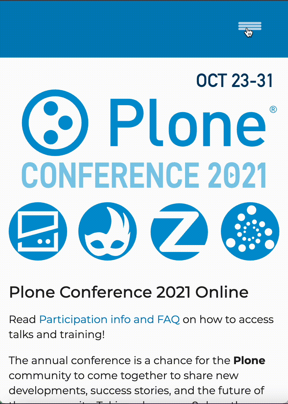 New mobile navigation in action on the Plone Conference 2021 website